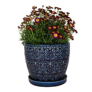 Trendspot 12 in. Dia Blue Mediterranean Bell Ceramic Planter Decorative Pots CR11403S-120A