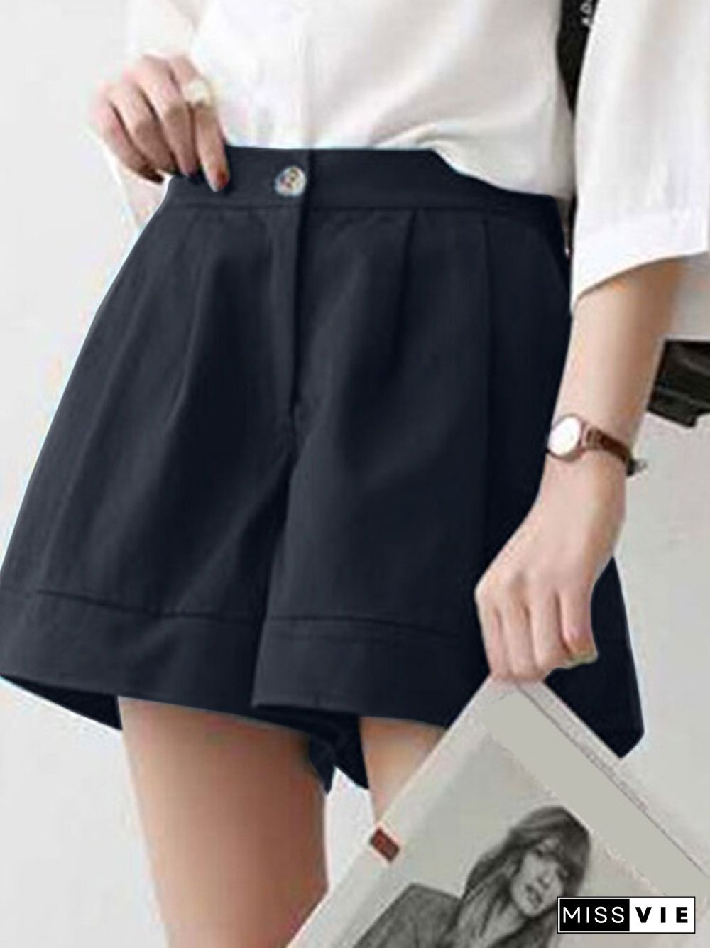 Solid Loose Button Elastic Waist Wide Leg Casual Shorts