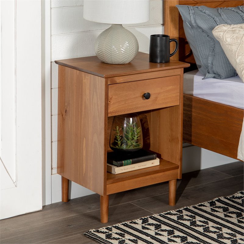 Mid-Century Solid Wood 1-Drawer Bedroom Nightstand in Caramel (Set of 2)