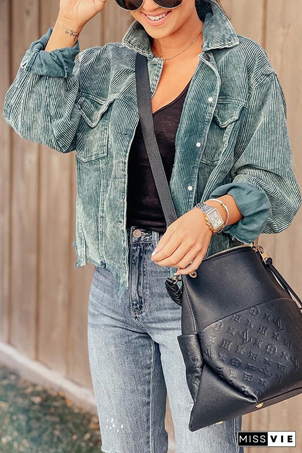 Frayed Hem Cropped Corduroy Jacket