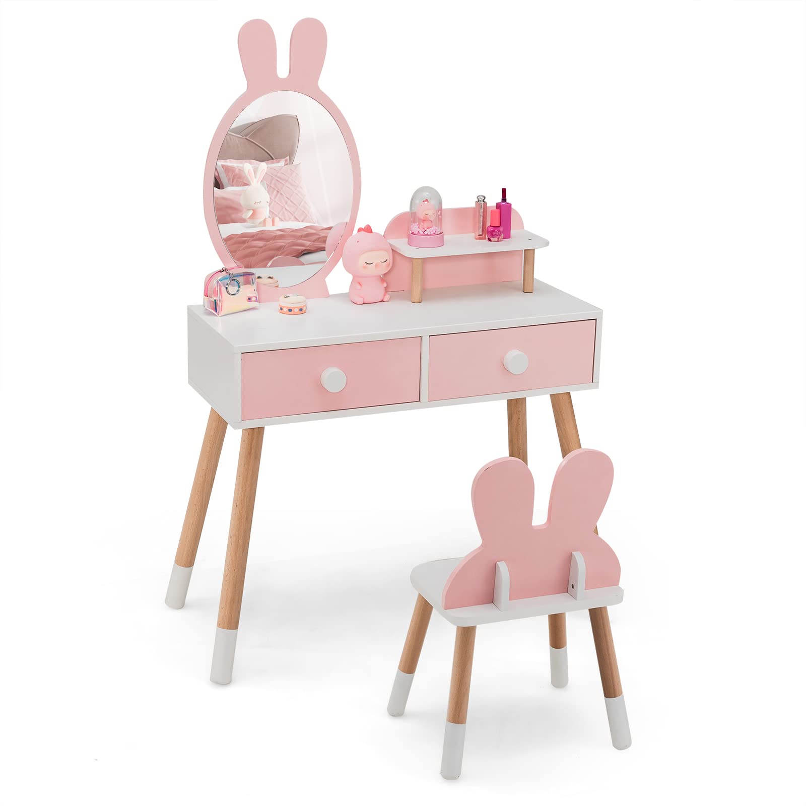 Costzon Kids Vanity Set, Girls Vanity Set with Mirror and Stool, Pretend Play Vanity Table and Chair Set for Toddlers