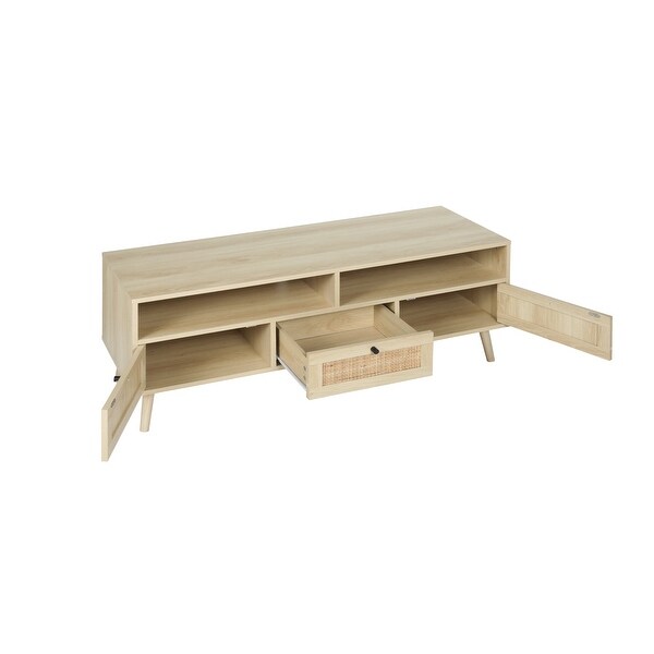 JASIWAY Modern TV Stand with Rattan Door， Natural