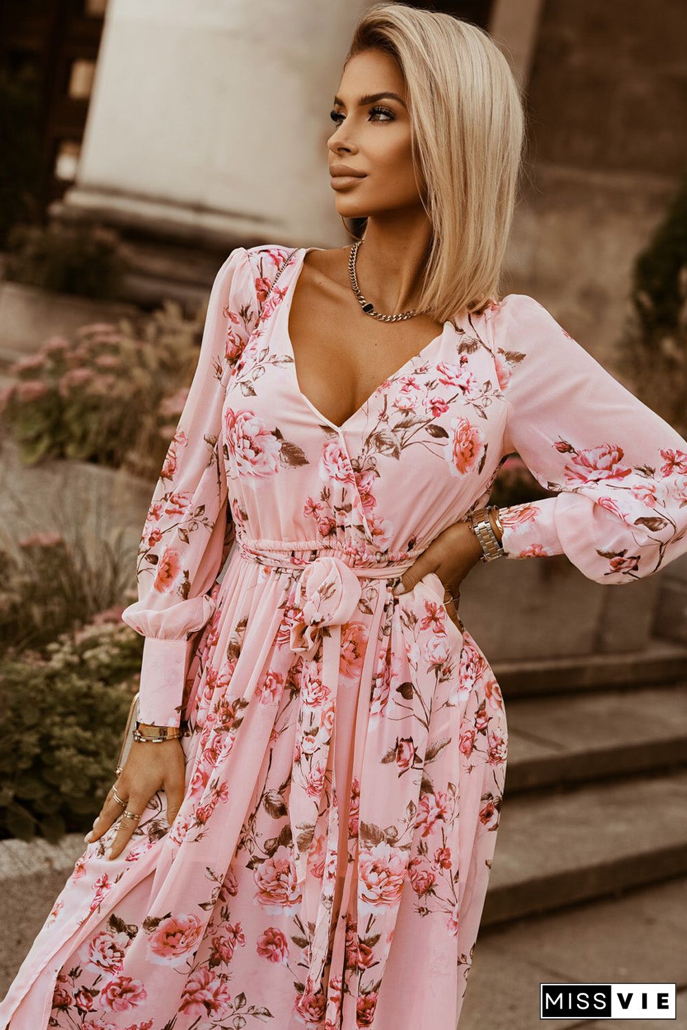 Pink Floral Long Sleeve Side Split High Waist Bohemia Maxi Dress