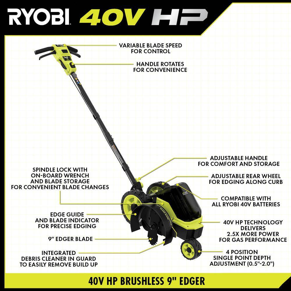 RYOBI 40V HP Brushless 9 in. Cordless Edger with 4.0 Ah Battery and Charger RY40760