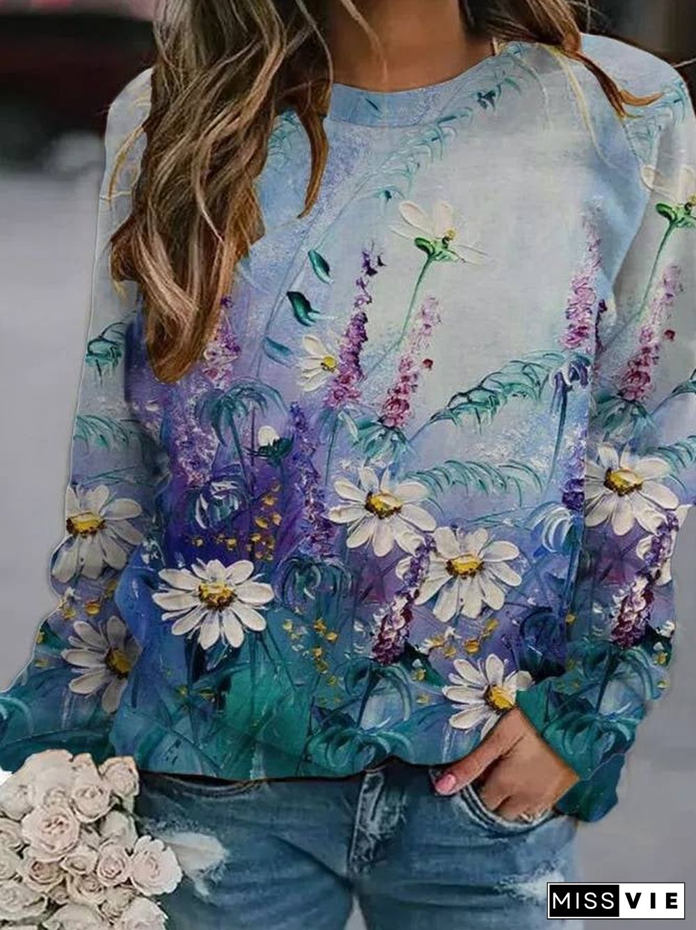 Women's Floral Print Casual Crew Neck Sweatshirt