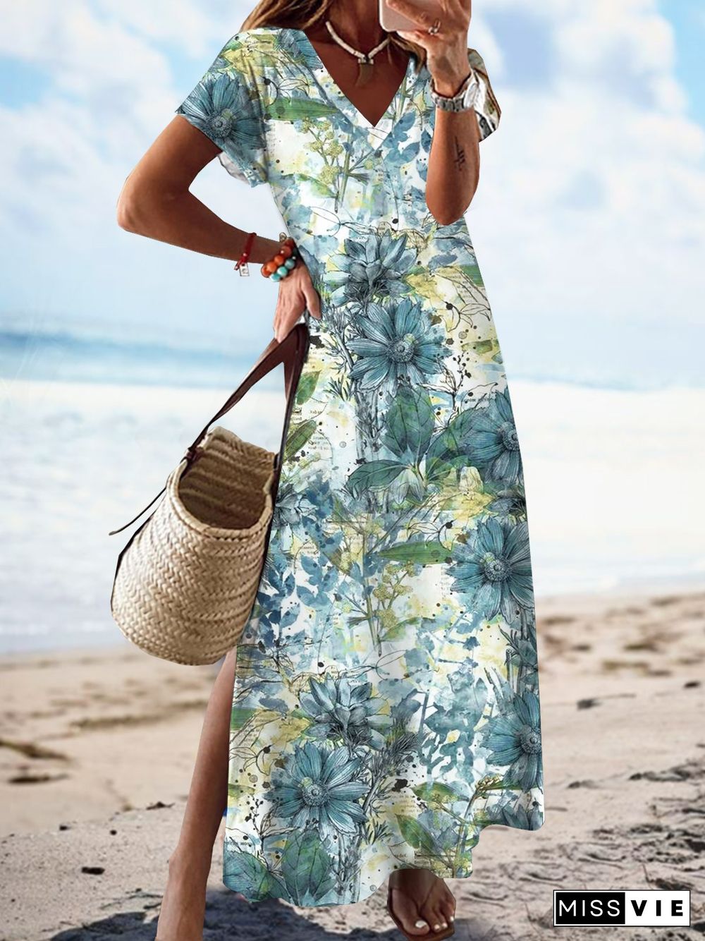 V Neck Floral Printed Jersey Dresses