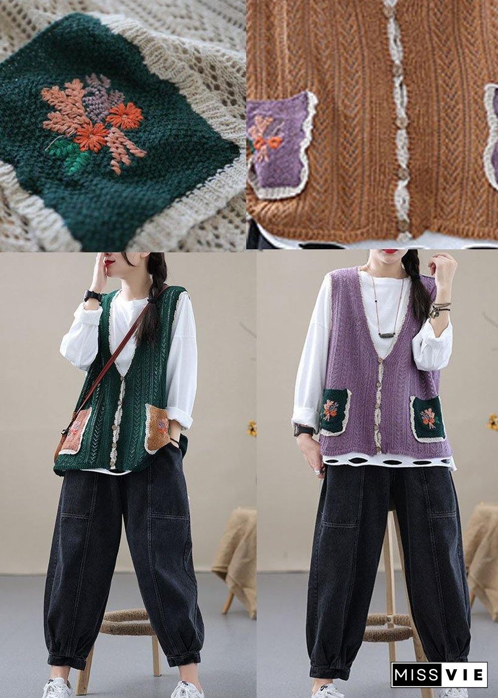 Style Khaki Embroideried Pockets Floral Fall Shirt Knit Vest Sleeveless