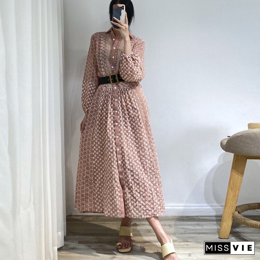 Summer Women Chic Embroidery Midi Party Dress Casual Solid Long Sleeve Elegant A-Line Beach Shirt Dresses Ladies Vestidos