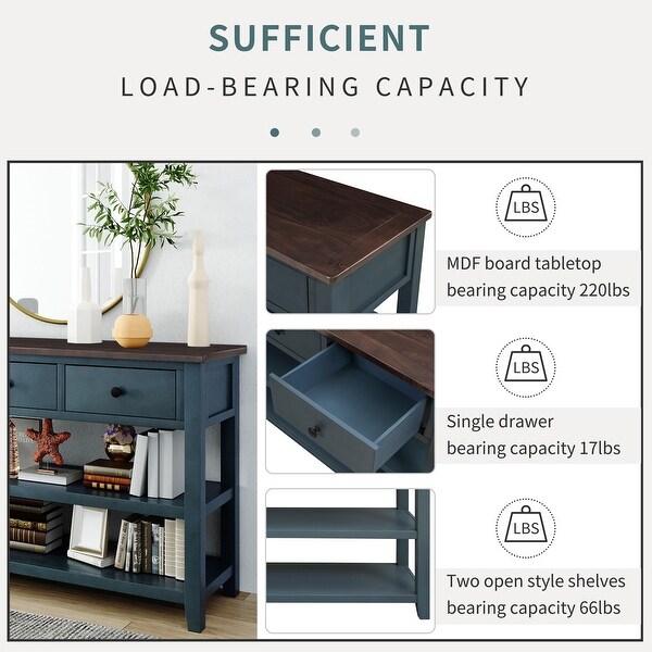 Mid-Century Style Console Table with 3 Drawers 2 Open Shelves， Modern Sofa Table with Solid Wood Frame and Legs for Living Room