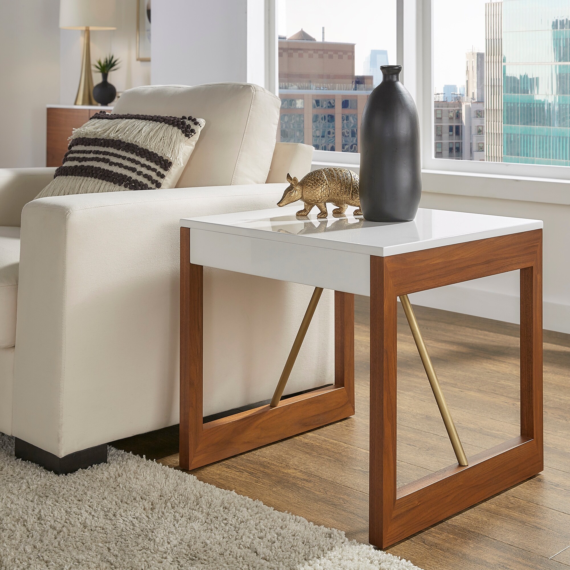 Archer Two-Tone High Gloss White and Walnut End Table by iNSPIRE Q Modern