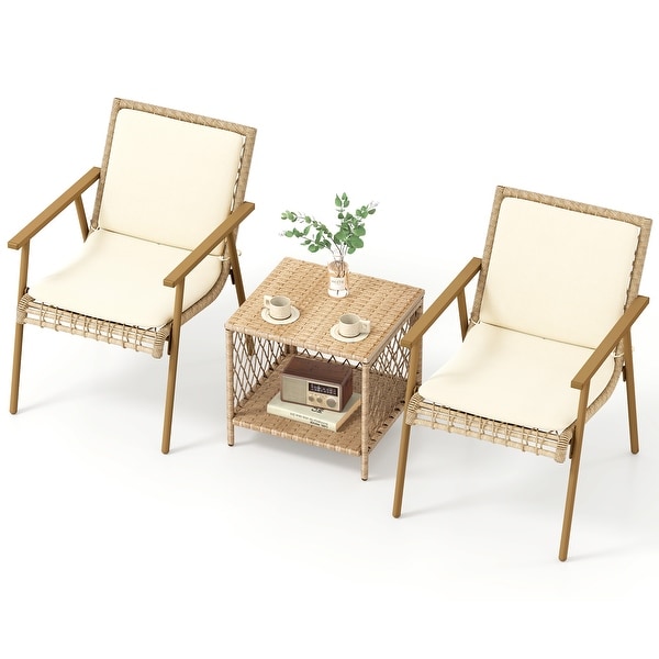 Moasis 3Pieces Wicker Bistro Set Outdoor Rattan Furniture with Beige Cushion and Coffee Table