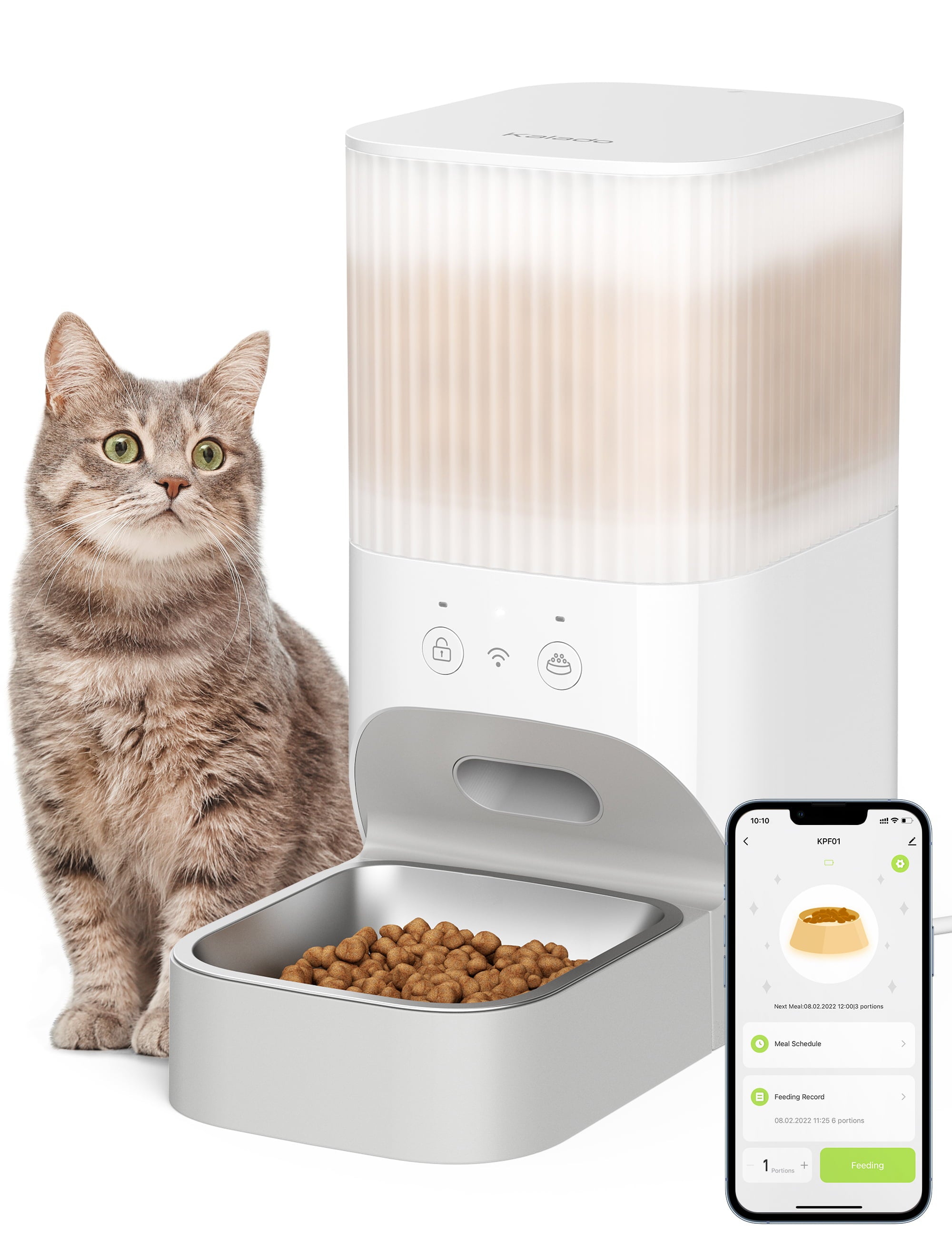 Kalado Smart WIFI Automatic Cat Feeder /Pet Feeder with 3.8L Dry Food Dispenser， Stainless Steel Food Bowl， Clog-Free and Dual Power Source in Pure