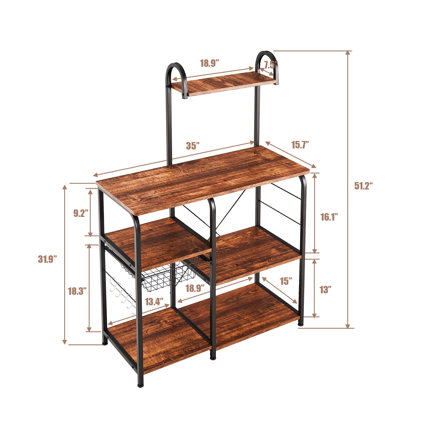 EXCITED WORK (Brown) Kitchen Bread Rack， Practical Storage Rack， Microwave Oven Stand， 5 Shelves with Wire Basket， 5 Hook Storage Rack Workstations