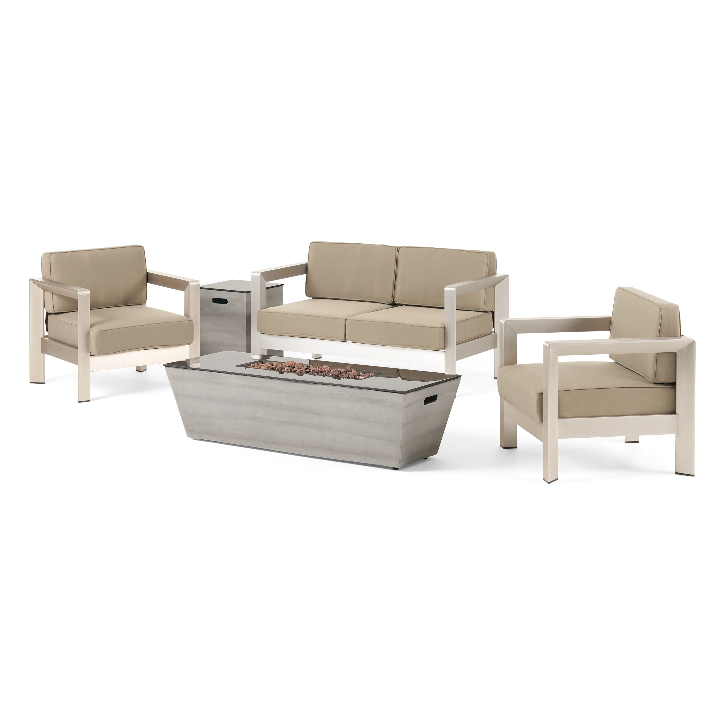 Gianelle Outdoor Modern 4 Seater Aluminum Chat Set with Fire Pit and Tank Holder