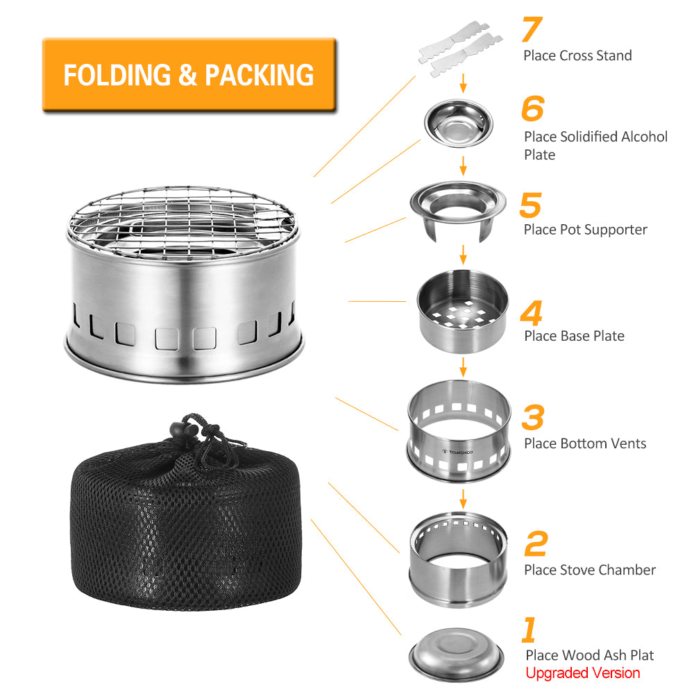 TOMSHOO Upgrade Camping & Backpacking with Wood Ash Plate & Foldable Handle , Portable Folding Windproof Wood Burning Compact Stainless Steel Outdoor Camping Hiking Picnic BBQ