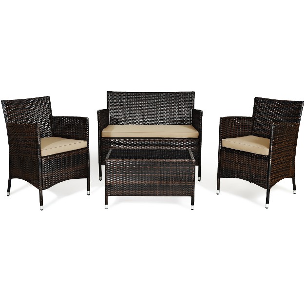 Costway 4pcs Rattan Patio Furniture Set Sofa Chair Coffee Table W cushion Outdoor