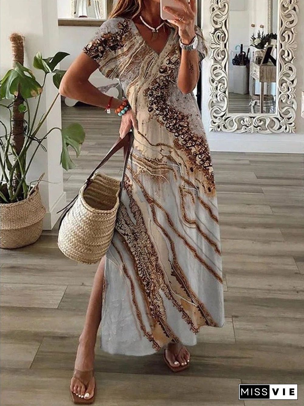 Women'S Dresses Printed Short Sleeve V-Neck Slit Dress