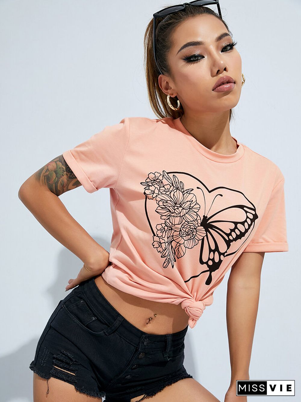 Butterfly Flower Print Crew Neck Short Sleeve T-shirt