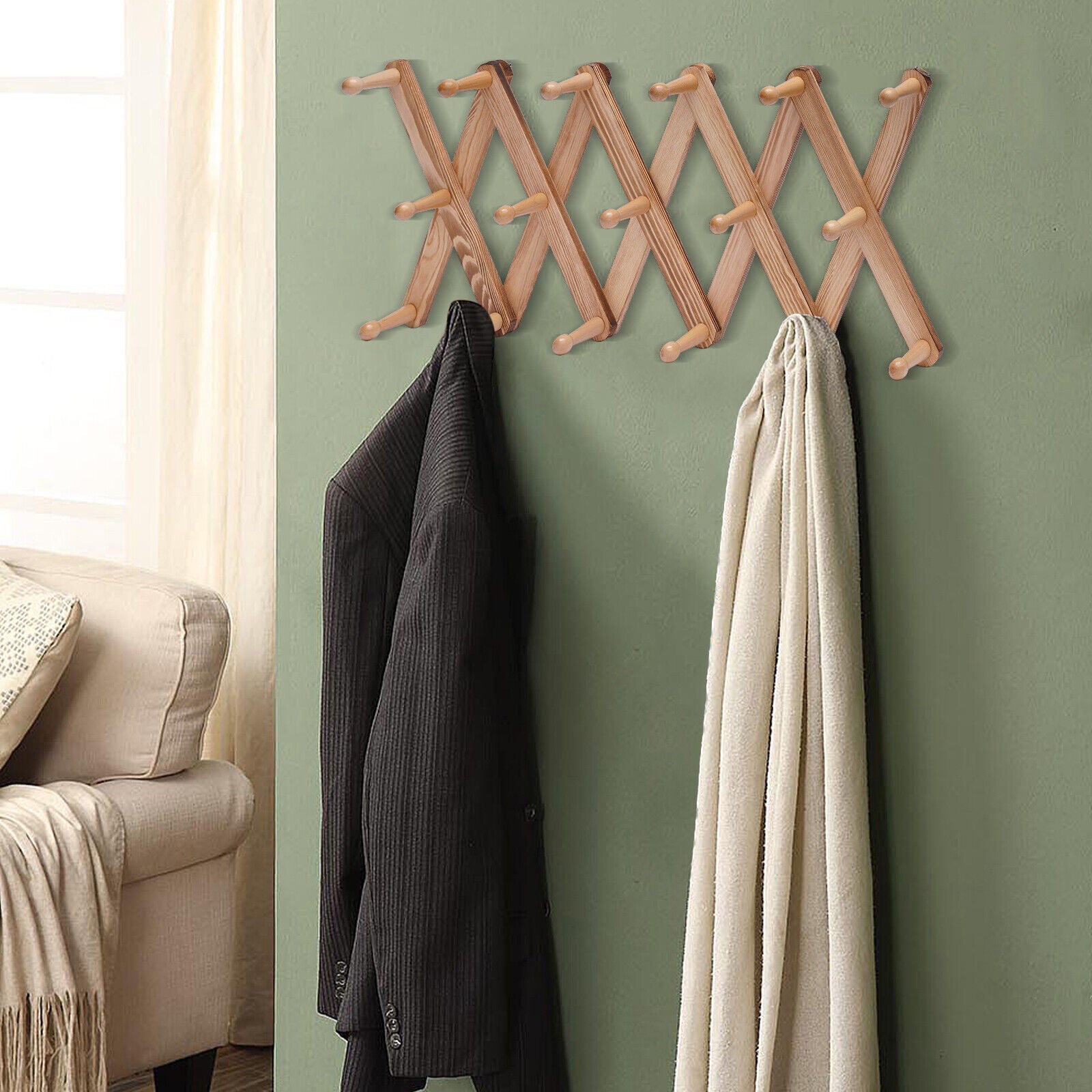 Wooden Wall-mounted Coat Rack Hat Rack Expandable Accordian Wall Hanger 17 Hooks