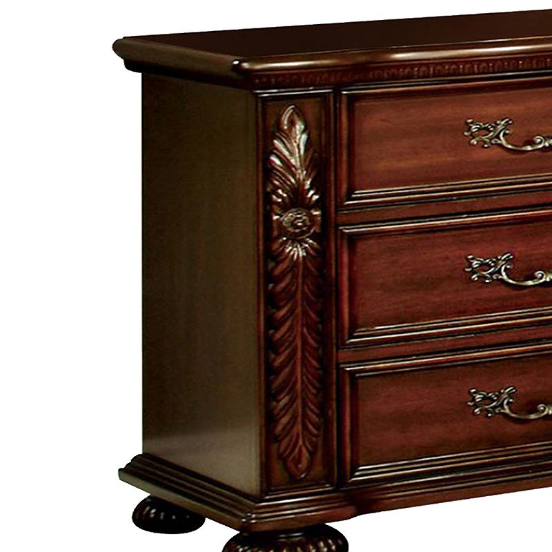 3 Drawer Wooden Nightstand with Antique Metal Handles and Bun Feet， Brown