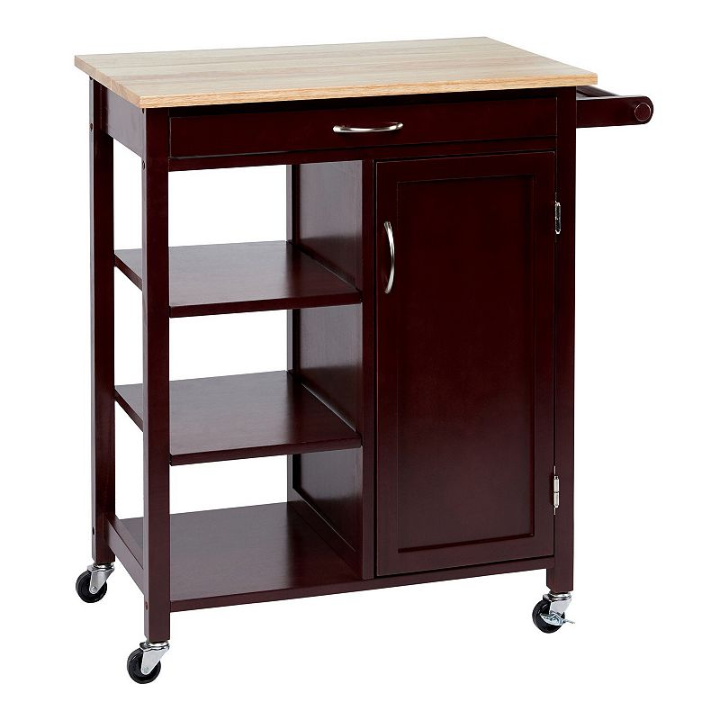 35 Inch Handcrafted Rubberwood Kitchen Island Bar Cart， 3 Shelves， 1 Cabinet， Caster Wheels， Espresso Brown