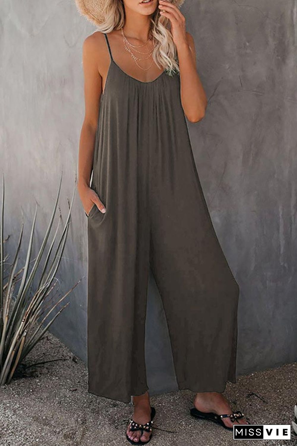 Casual Sling Solid Color Pocket Jumpsuit