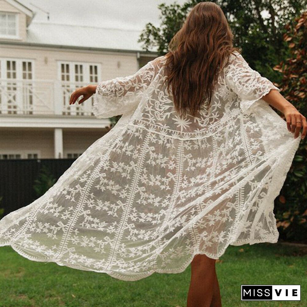 Fashion Embroidery Dress Summer Women Lace Long Maxi Dress Beach Ladies Dresses White Floral Lace Evening Party Dresses Sundress