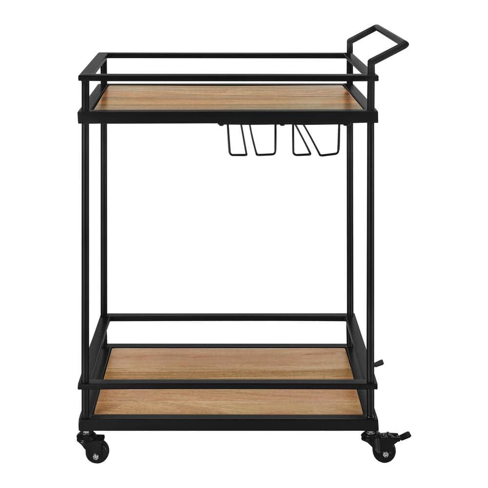 StyleWell Black Metal Bar Cart with Natural Wood Shelves (26 in. W) DC14-2732