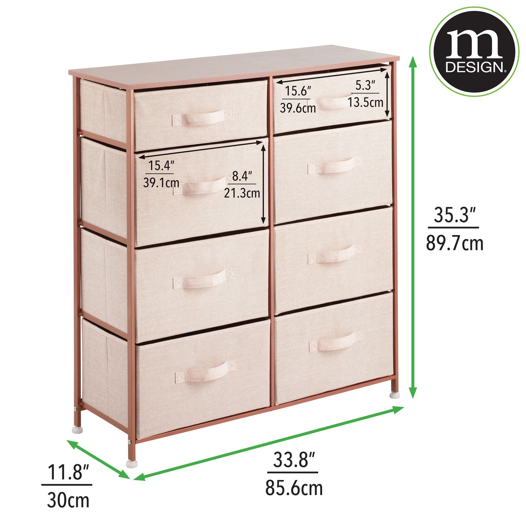 mDesign Tall Steel Frame/Wood Top Storage Dresser Furniture Unit with 8 Slim Removable Fabric Drawers, Large Bureau Organizer for Bedroom, Living Room, Closet - Lido Collection, Light Pink/Rose Gold