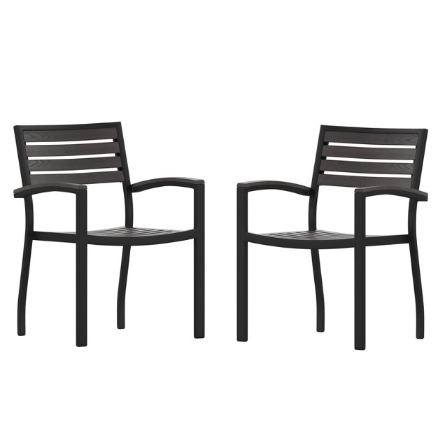 Flash Furniture 2 Pack All weather Black Aluminum Patio Stack Chairs Gray Wash Faux Teak Slats