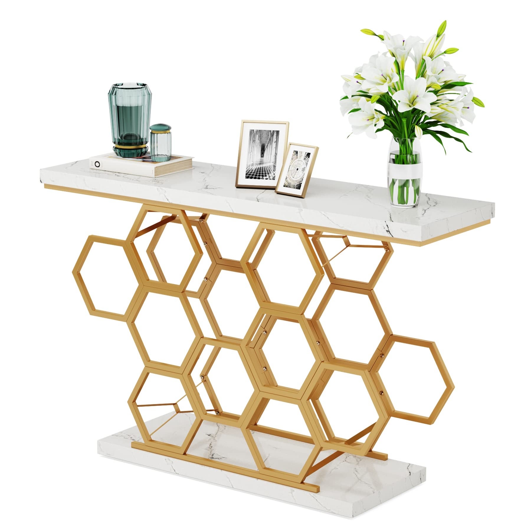 Gold White Console Table Accent Table with Gold Base