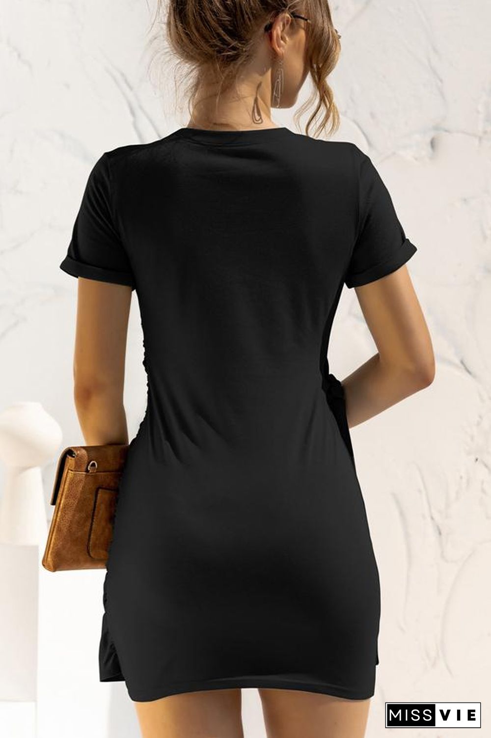 Fashion Short Sleeve Solid Color Mini Dress