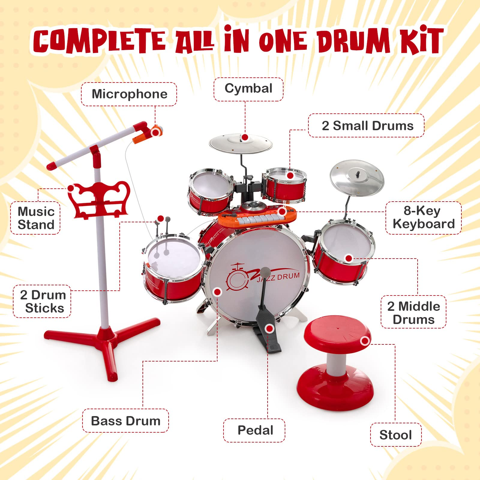 Costzon Kids Drum Keyboard Set with Stool & Microphone Stand, Jazz Drum Set with Cymbal