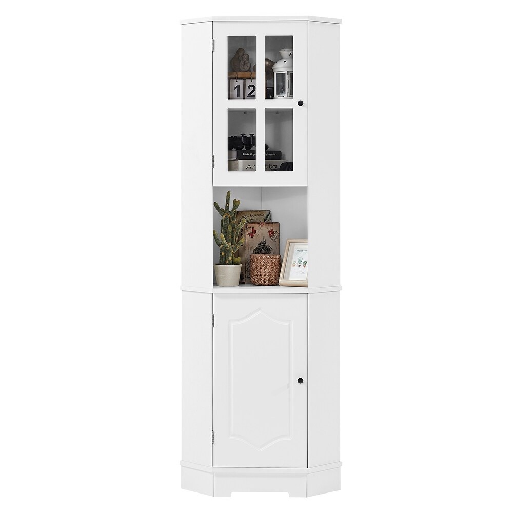 Tall Bathroom Storage Cabinet  Corner Cabinet with Glass Door  Open Storage  Adjustable Shelf