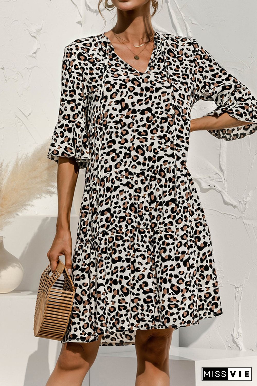 Leopard Print V-neck Stitching Dress Wholesale