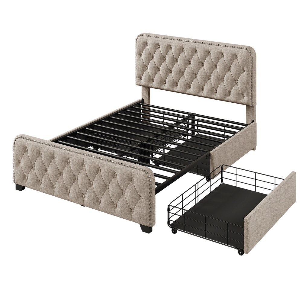 Upholstered Platform Bed Frame with Four Drawers Tufted Headboard and Footboard