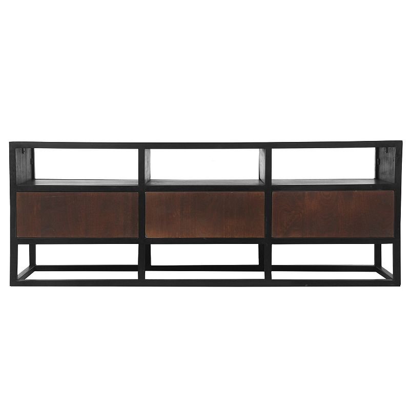 Carson 59 Inch Mango Wood TV Media Entertainment Console， Ornate Cut Out Floral Design， 3 Drawers， Natural Brown and Black