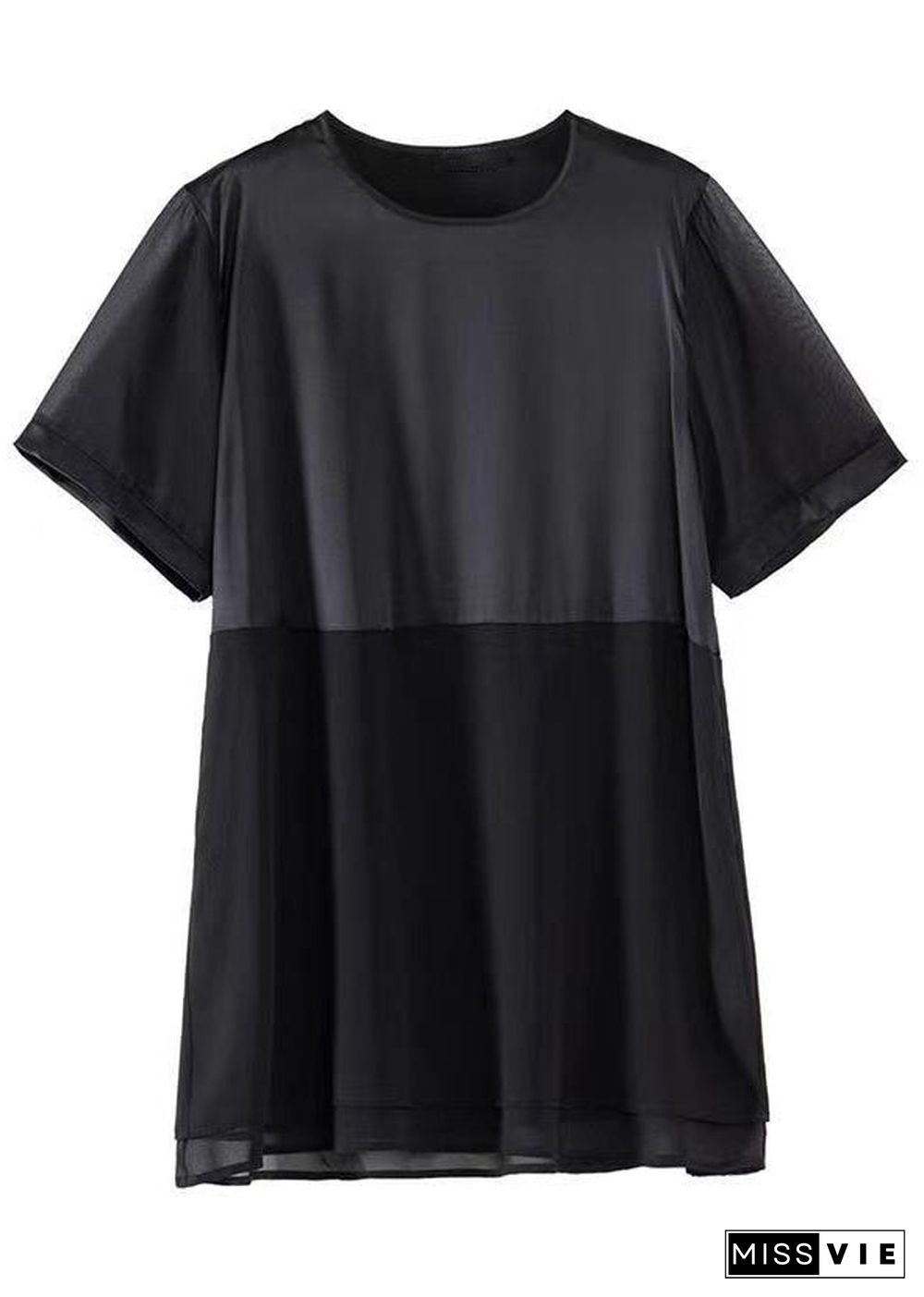 Loose Black O Neck Patchwork Chiffon T Shirt Tops Summer