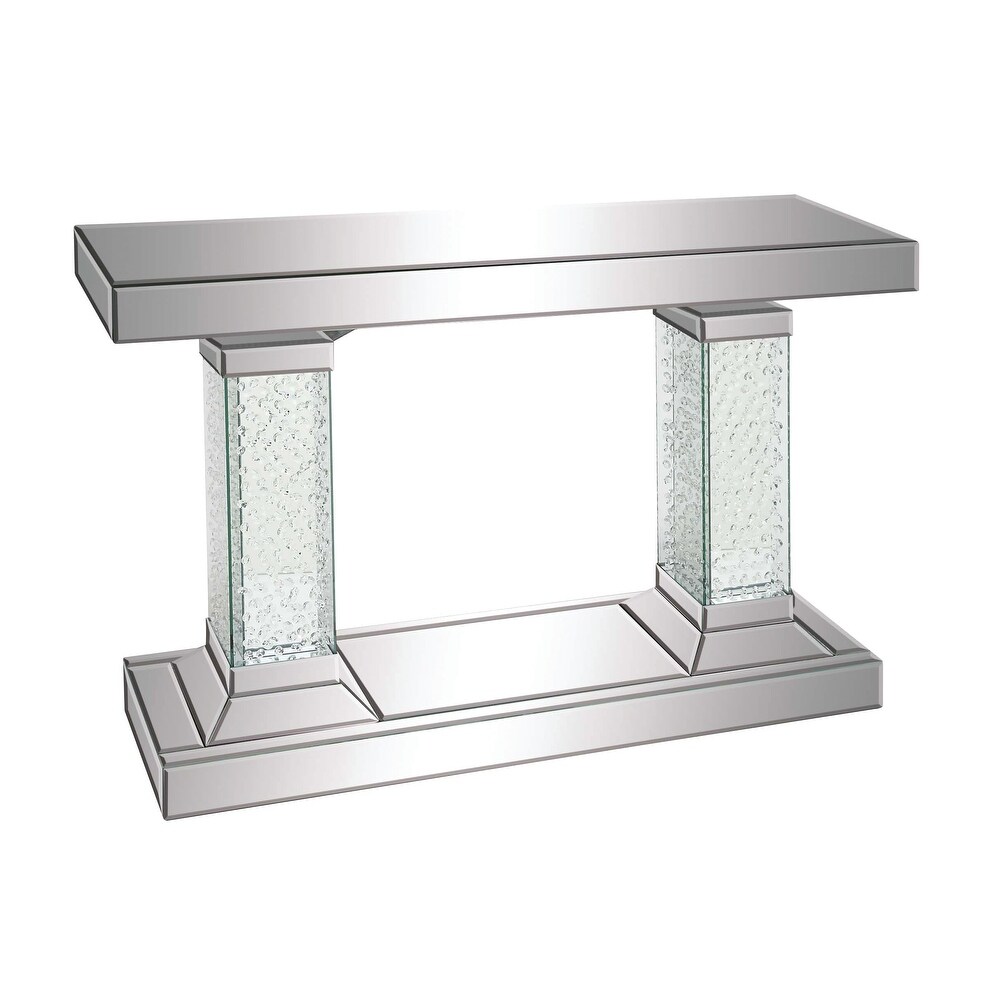 Silver Glass Beveled Mirrored Console Table with Crystal Embedded Pillars   42 x 13 x 31