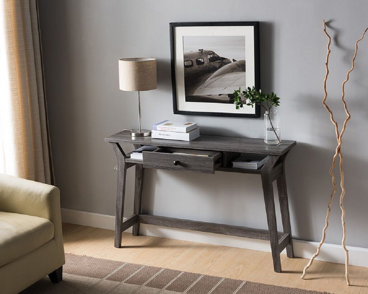 FC Design 47.25W Console Table with One Center Drawer and Two Side Shelf for Storage in Distressed Grey Finish