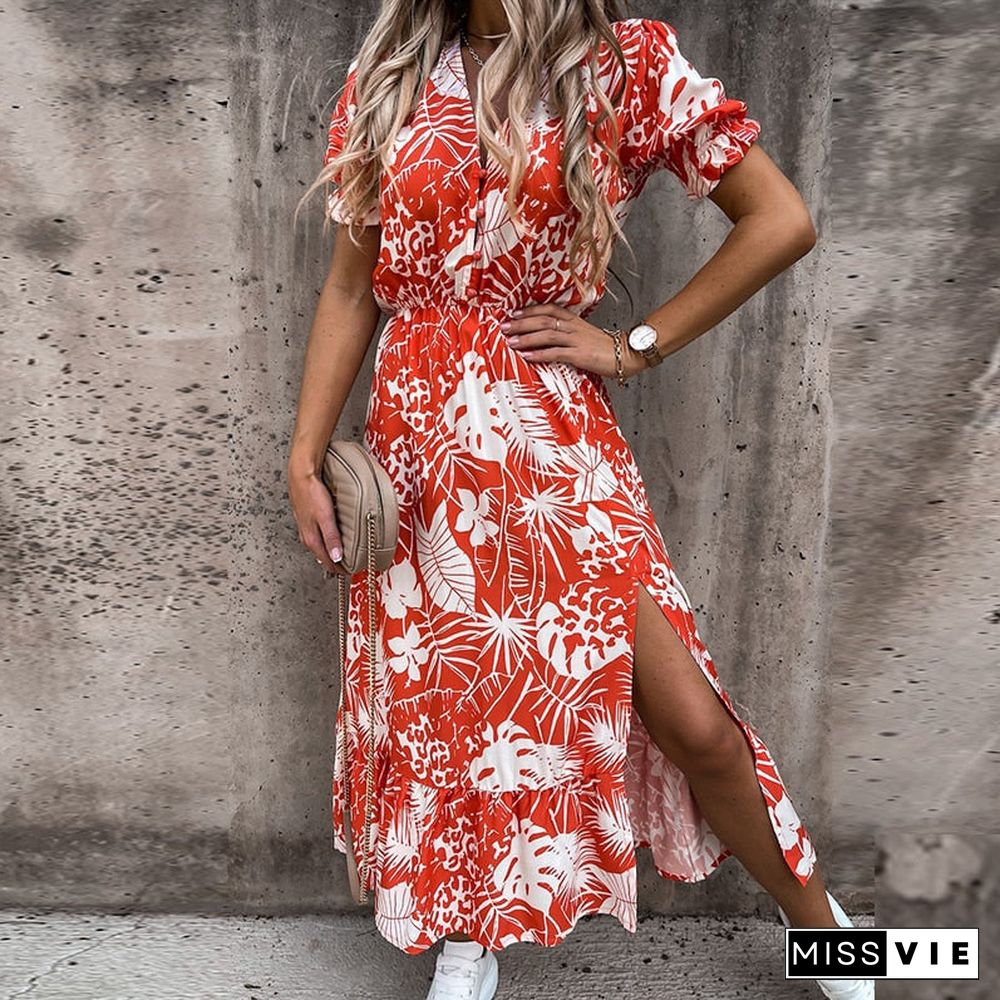 Summer Floral Print Dress Women V Neck Side Slit Long Elegant Dress Short Sleeve Button Slim Spring Female Party Dress Vestidos