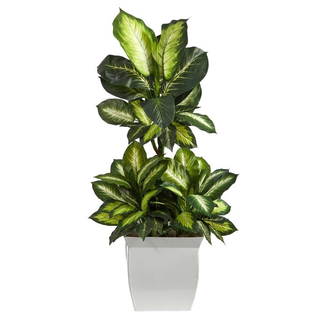 Nearly Natural 46-in Golden Dieffenbachia Artificial Plant In White Metal Planter