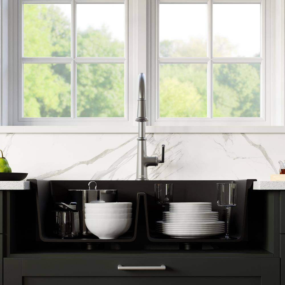 Karran QT- 710 qt. 33 in. 5050 Double Bowl Drop-In Kitchen Sink in Black with Faucet in Stainless Steel QT710BLKKF330SS