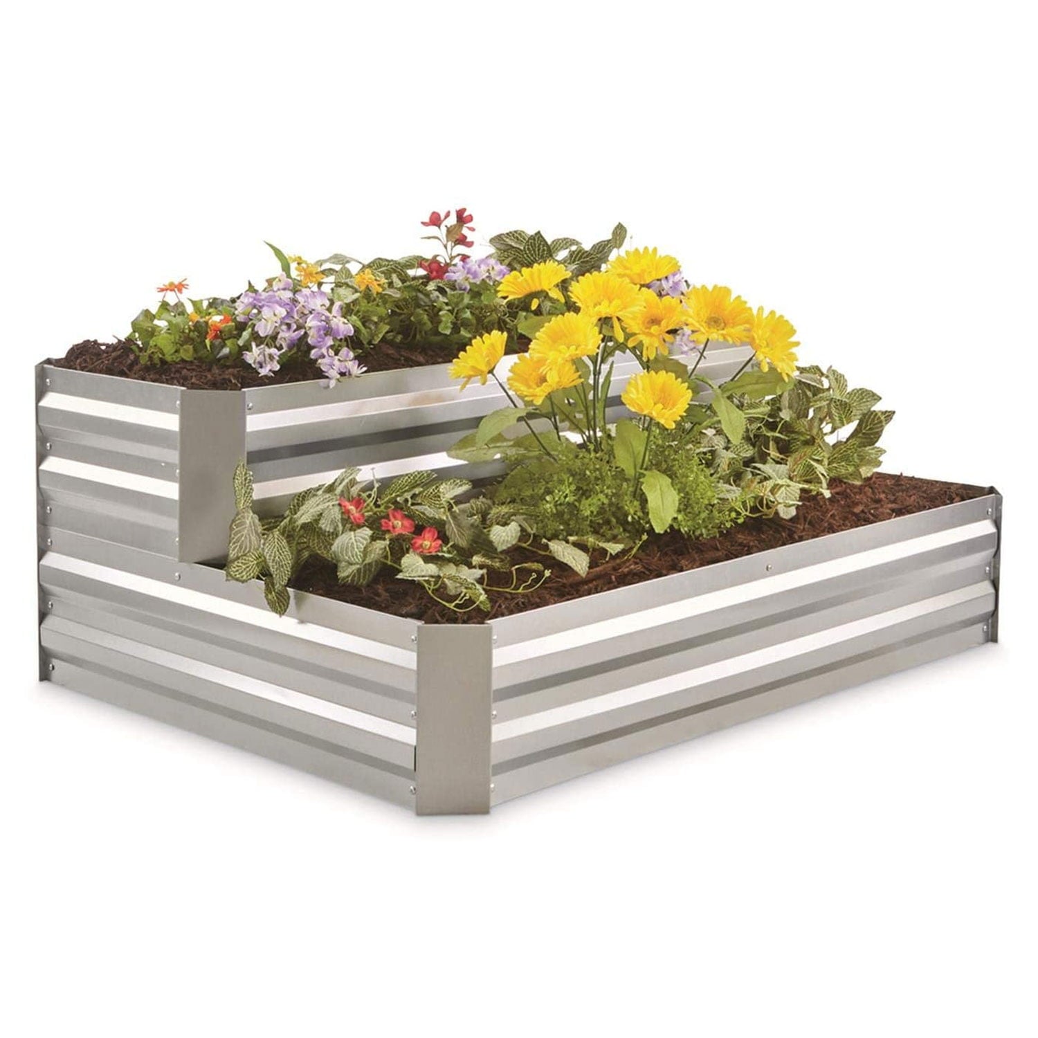 CASTLECREEK Galvanized Stair Planter Box Elevated Raised Garden Bed 2-Tier Outdoor Flowers, Herbs, Vegetable Planting Boxes Gardening Container, 47.25"l. x 35.5"w.