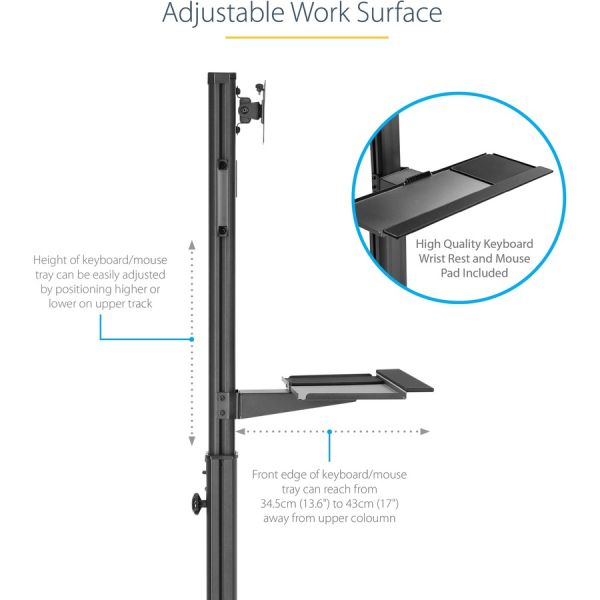 StarTech.com Mobile Standing Workstation with Monitor Mount， CPU/PC Holder， Height Adjustable Desktop Computer Cart， Standing Workstation