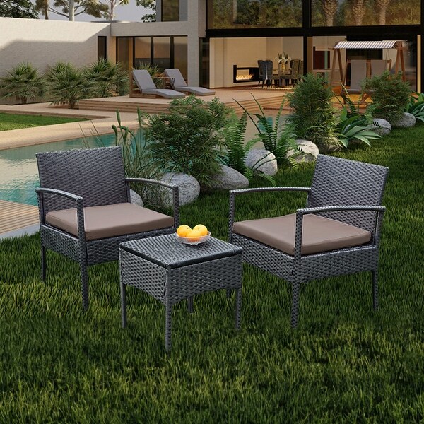 Outdoor Furniture 3 Piece Patio Bistro Furniture Set，Rattan Conversation Chairs Set with Side Table and Cushions