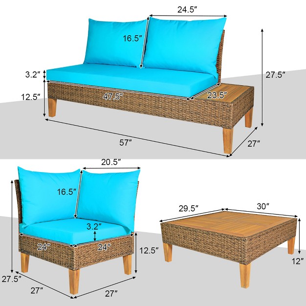 Costway 4pcs Patio Rattan Furniture Set Loveseat W wooden Side Table Cushioned Turquoise