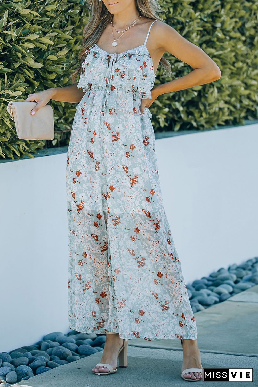 Floral Print Spaghetti Strap Ruffled Wide Leg Jumpsuit