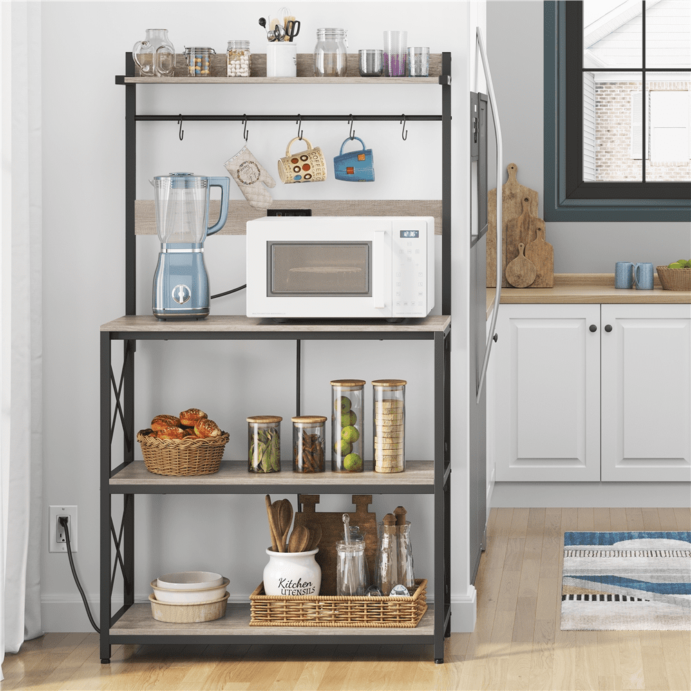 Topeakmart 63H 4-Tier Kitchen Baker's Rack with 2 AC Outlets， Gray