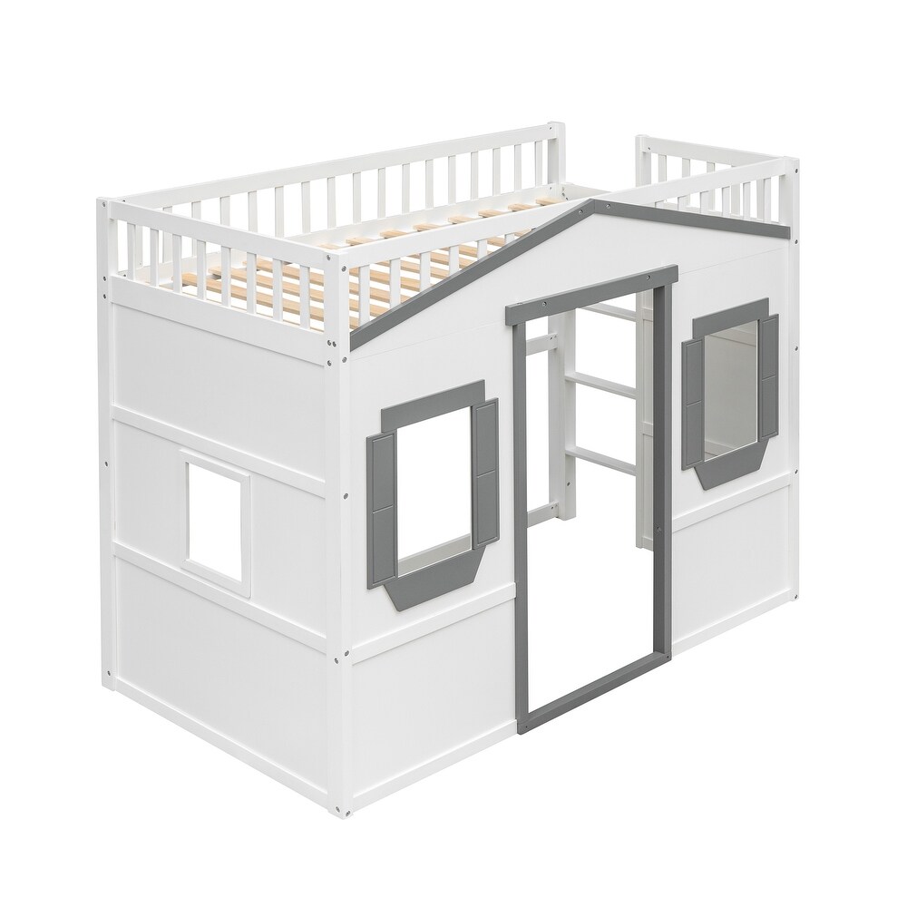 House Loft Bed Twin Kids Playhouse Bed  Solid Wood Loft Bed Frame with Window and Ladder  for Girls Boys  White+Grey